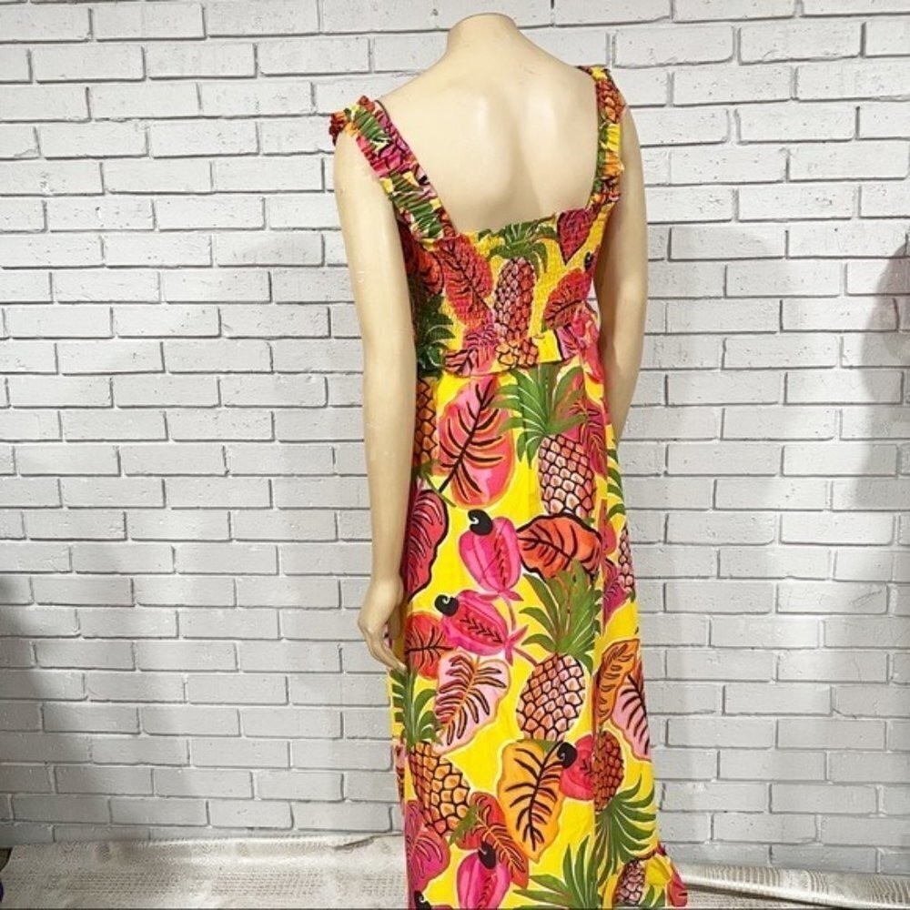 Farm Rio Yellow Tropical Pineapple Parrot Smocked Maxi Dress | Size Small - Picture 6 of 16